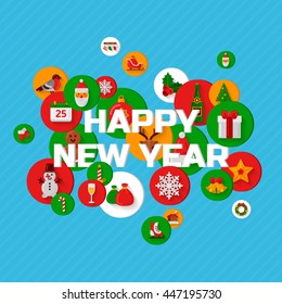 Happy New Year greetings with holiday flat icons in circles on blue background. Vector illustration.