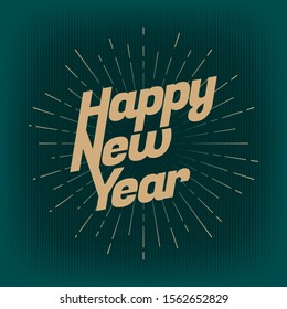 Happy New Year Greetings Inverted Italic Logo with All Caps Connected Lettering over Circular Rays,  Holidays Decoration Template - Gold on Turquoise Background - Vector Contrast Graphic Design