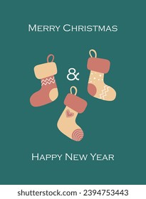 Happy New Year greetings on a green background with three Santa's socks hanging. Merry Christmas and Happy New Year.