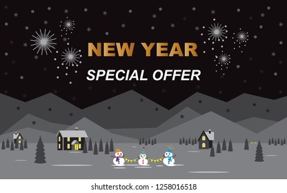 Happy New Year Greetings Special Offer. Black background as night sky, with shades of grey fireworks, mountains, houses, trees in winter and three colored snowman vector illustration.