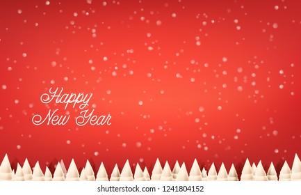 Happy New Year greetings template vector illustration. Holiday winter landscape, falling snow, pine forest landscape for winter and new year holidays. Christmas vector background. 