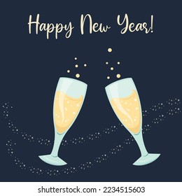 Happy New Year greetings vector with champagne glasses toasting