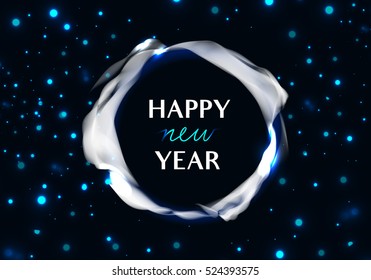 Happy New Year Greetings. Vector Shiny Holiday Banner. Message in Circle Frame on Dark Background with Stars.