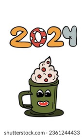 Happy New Year groovy card with cup with eyes