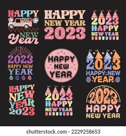 Happy New Year - groovy square greeting card. Abstratc typograpy design for T Shirt, Merry Christmas Happy New Year 2023 Funny Shirt, Family Party Shirt. Vector retro illustration.