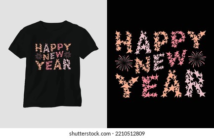 Happy New Year Groovy Style T-shirt Design. Festival, Wavy, Girly, Party, Retro