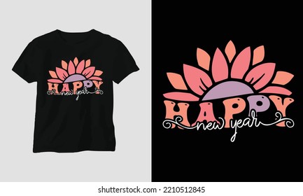 Happy New Year Groovy Style T-shirt Design. Festival, Wavy, Girly, Party, Retro
