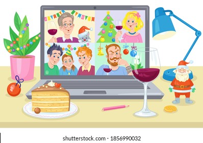 Happy New Year! A Group Of Friends Is Having A Virtual Christmas Party On A Laptop Screen. Online Video Chat. Internet Communication. In Cartoon Style. Vector Illustration.