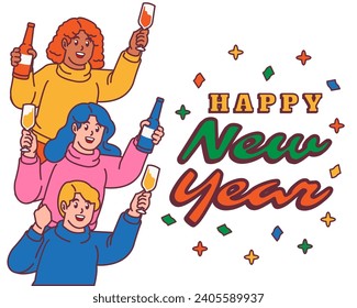 Happy New Year Group of people celebrate with champagne glasses and and having fun