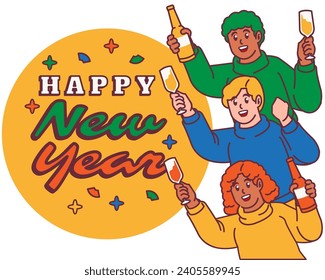 Happy New Year Group of people celebrate with champagne glasses and and having fun