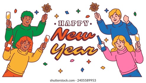 Happy New Year Group of people celebrate with champagne glasses and fireworks