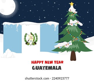 Happy new year in Guatemala with Christmas tree and snow, banner or content design idea, Guatemala flag with pine tree, new year celebration idea, sky with full moon and stars, vector design