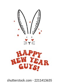 Happy New Year Guys sign with cute bunny. Vector New Year 2023 symbol on white background.