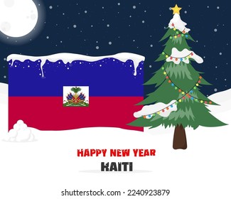 Happy new year in Haiti with Christmas tree and snow, banner or content design idea, Haiti flag with pine tree, new year celebration idea, sky with full moon and stars, vector design