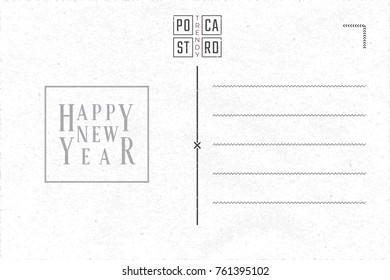 Happy New Year Hand Crafted Font Wishing on Trendy Postcard Inner Side Blank Template with Authentic Logo Lettering - Black Elements on White Rough Paper Background - Vector Mixed Graphic Design