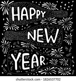 Happy New Year    hand draw chalk sign and champagne bottle   firework  Vector stocl illustartion for banner  greeting card  