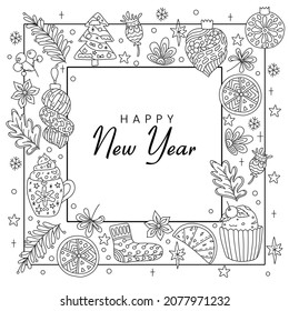 Happy New Year. Hand drawing coloring page for kids and adults. Holiday greeting New Year 2022. Beautiful drawing with patterns and small details. Coloring book pictures. Square format. Vector