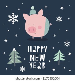 Happy New year hand drawn vector print. Christmas cartoon cute pig. 