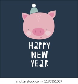 Happy New year hand drawn vector print. Christmas cartoon cute pig. 