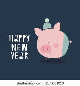 Happy New year hand drawn vector print. Christmas cartoon cute pig. 