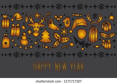 Happy New Year hand drawn doodle vector greeting card in golden over gray. Santa, Christmas tree, reindeer, snowman, snowflakes, gifts, decorations, holly.
