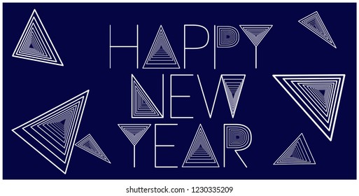 Happy New Year - hand drawn lettering in minimalistic style; white letters on blue background. Flat vector illustration for cards, posters, prints, flyers, seasonal design and decoration, promo, web.
