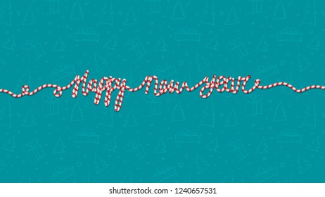 Happy New Year hand drawn letteting of candy cane vector illustration with seamless pattern background.