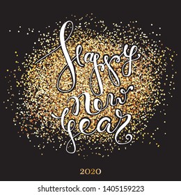 Happy new year hand drawn lettering postcard with gold details.