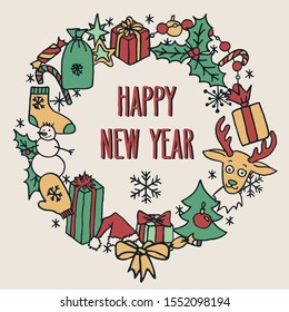 Happy New Year hand drawn doodle wreath greeting card. Santa hat, Christmas tree, reindeer, snowman, snowflakes, gifts, decorations and holly.