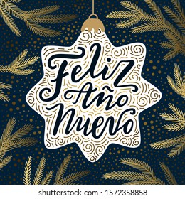 Happy New Year hand drawn lettering phrase in Spanish language on the dark blue background with golden fir tree branches and falling snow. Vintage style greeting card design EPS 10 vector illustration