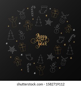 Happy New Year hand drawn lettering. Greeting card with Christmas elements.  