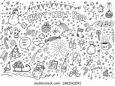 Happy New Year hand drawn doodles