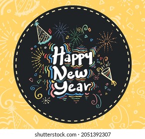Happy New Year Hand Drawn Card Doodle Style Stunning Vector Design. Colorful party elements, fireworks, hat and confetti doodles. Doodle Seamless pattern on the background. Card, banner or pattern. 