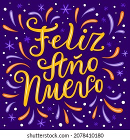 Happy New Year hand drawn lettering phrase in Spanish language on the dark violet ornate background with falling snow and snowflakes. Greeting card design EPS 10 vector illustration