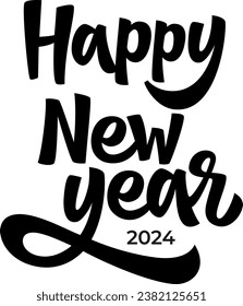 Happy New Year hand drawn vector lettering. Handwritten modern brush calligraphy with the inscription Happy New Year 2024 on a white background. Typography, text design. Vector illustration.