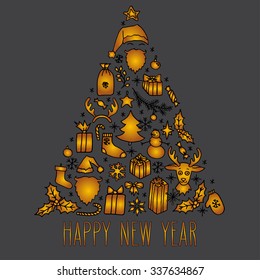 Happy New Year hand drawn doodle greeting card in golden over gray. Santa, Christmas tree, reindeer, snowman, snowflakes, gifts, decorations, holly, candle, stars.