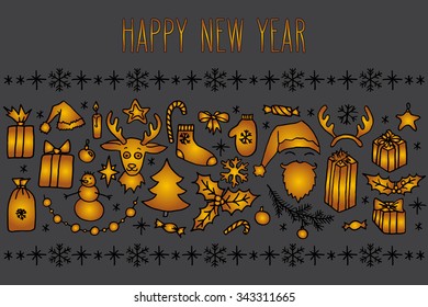 Happy New Year hand drawn doodle greeting card in golden over gray. Santa, Christmas tree, reindeer, snowman, snowflakes, gifts, decorations, holly, candle, stars.