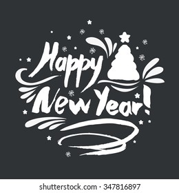 Happy New Year. Hand drawn lettering. Typographic Holidays greeting card. 