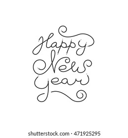 Happy New Year hand drawn lettering. Vector illustration EPS 10. Line design isolated on white background