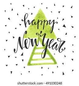 Happy new year hand drawn lettering. Holiday vector illustration with lettering composition. Happy new year 2017 card. Modern typography. Background for flyer, poster, sign, banner, web, header.