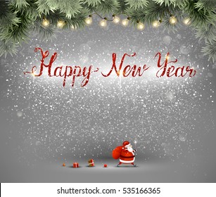 Happy New Year hand drawn red inscription and Santa Claus with bag and gifts on the gray background.
