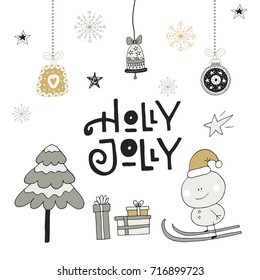 Happy New Year - hand drawn Christmas lettering with decoration. Cute New Year clip art. Vector illustration.