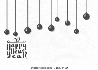 Happy New Year Hand Drawn Gift Box Shape Calligraphic Logo Lettering with Christmas Decoration and Blank Space for Text - White Elements on Black Rough Paper Background - Vector Calligraphy Design