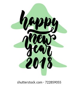 Happy New Year - hand drawn lettering quote with Christmas Tree isolated on the white background. Fun brush ink inscription for photo overlays, greeting card or t-shirt print, poster design