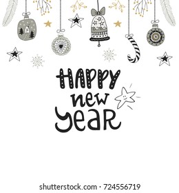 Happy new year - hand drawn Christmas card with lettering and decorations. Cute New Year clip art. Vector illustration.
