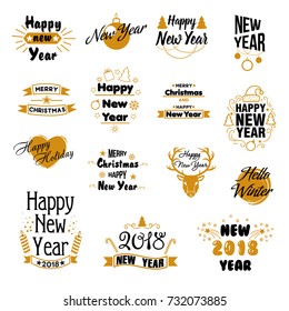 Happy New Year Hand Drawn Emblems Set. Merry Christmas Lettering for Leaflet, Flyer, Advertising Invitation. Vector illustration