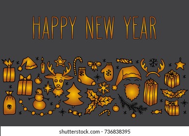 Happy New Year hand drawn doodle vector greeting card in golden over gray. Santa, Christmas tree, reindeer, snowman, snowflakes, gifts, decorations, holly.