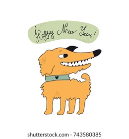 Happy New Year - hand drawn  lettering with dog.Vector illustration.