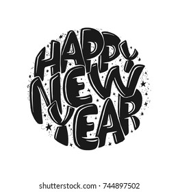 Happy New Year hand drawn lettering for card. Vector illustration.