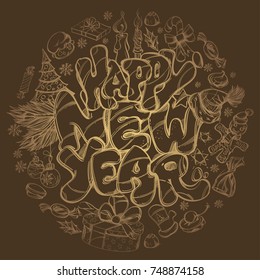 Happy New Year. Hand drawn outline illustration with text and New Year symbols for greeting cards, posters, invitations and other items.